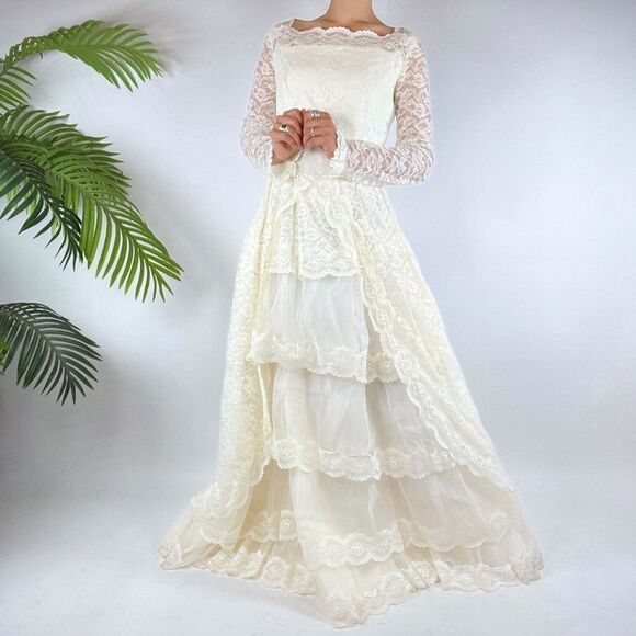 Vintage 50s Cream CottagecoreāFloral Lace Chantilly Maxi Tier Prom Dress / Sz: S - Picture 4 of 10